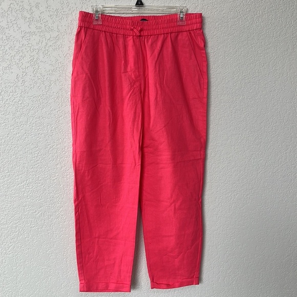 J Crew Cropped Pants Draw String Linen Bright Neon Pink size 8 - Picture 3 of 11